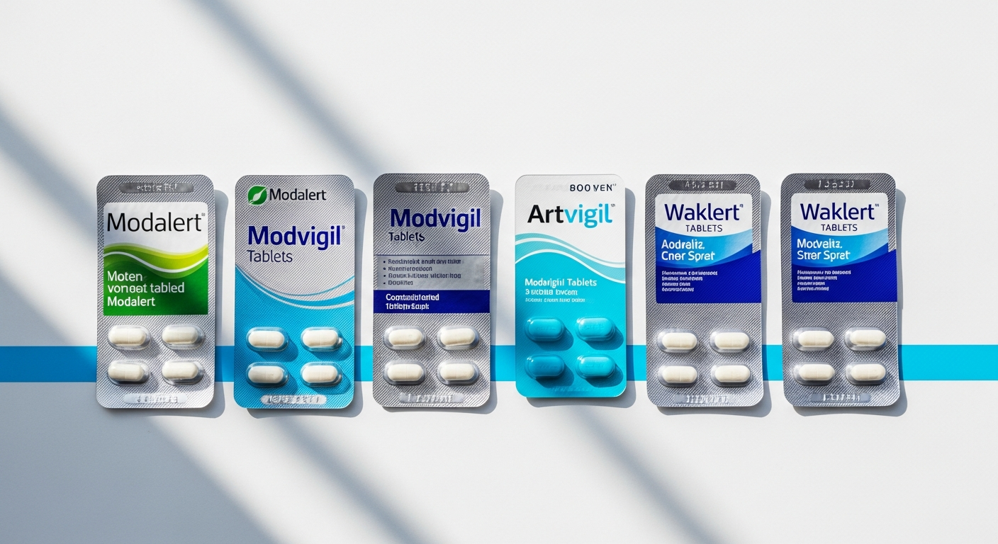 Modalert, Modvigil, Artvigil and Waklert blister packs compared side by side