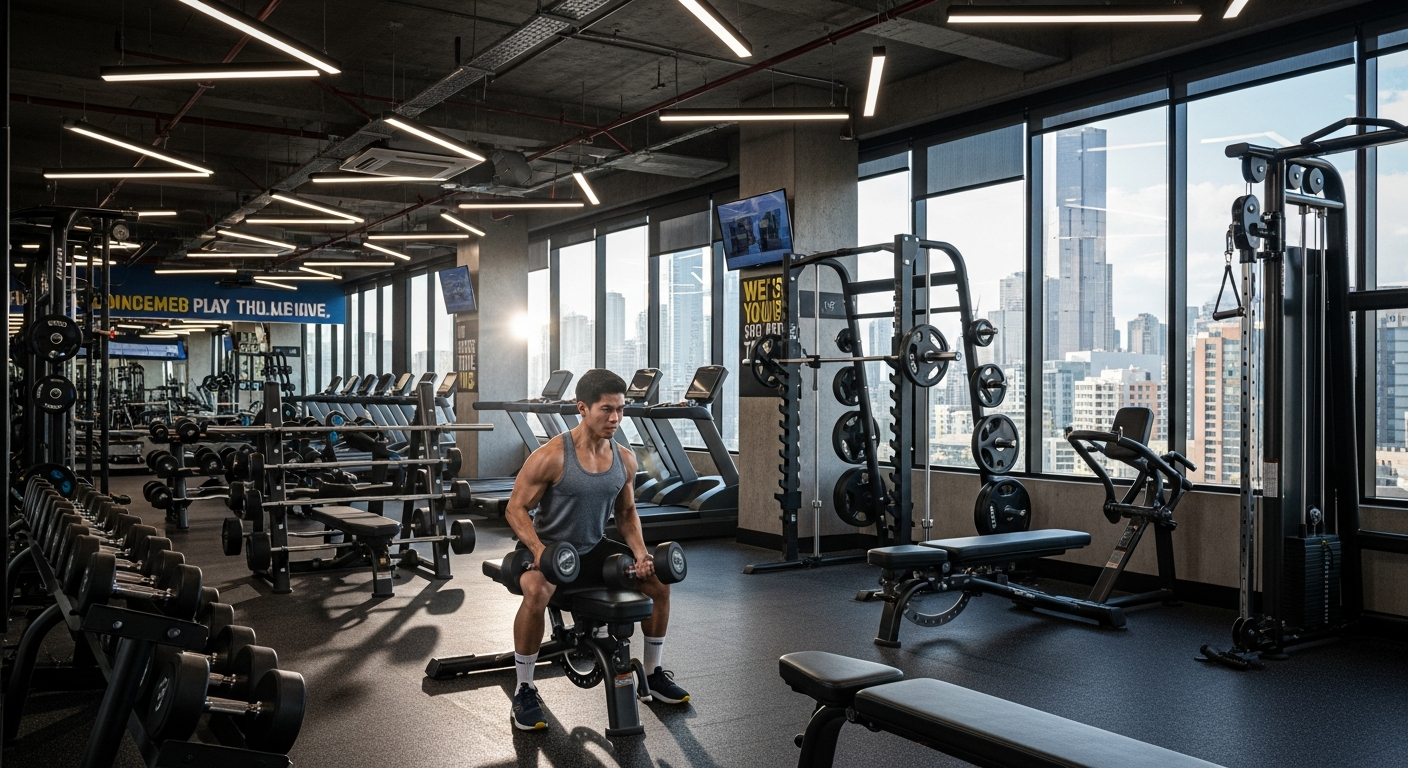 Australian gym interior with weights and an athletic person training