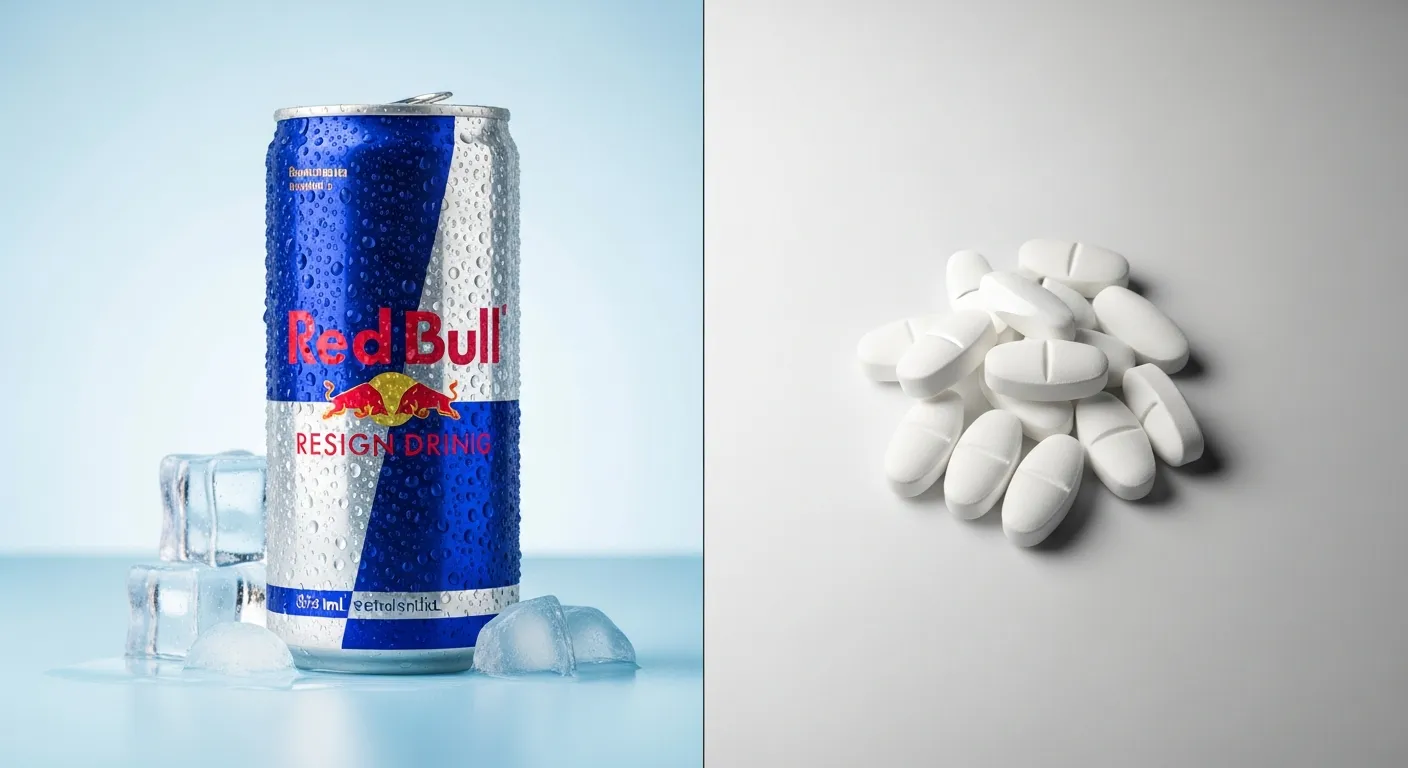 Red Bull energy drink next to a Modafinil tablet on a desk