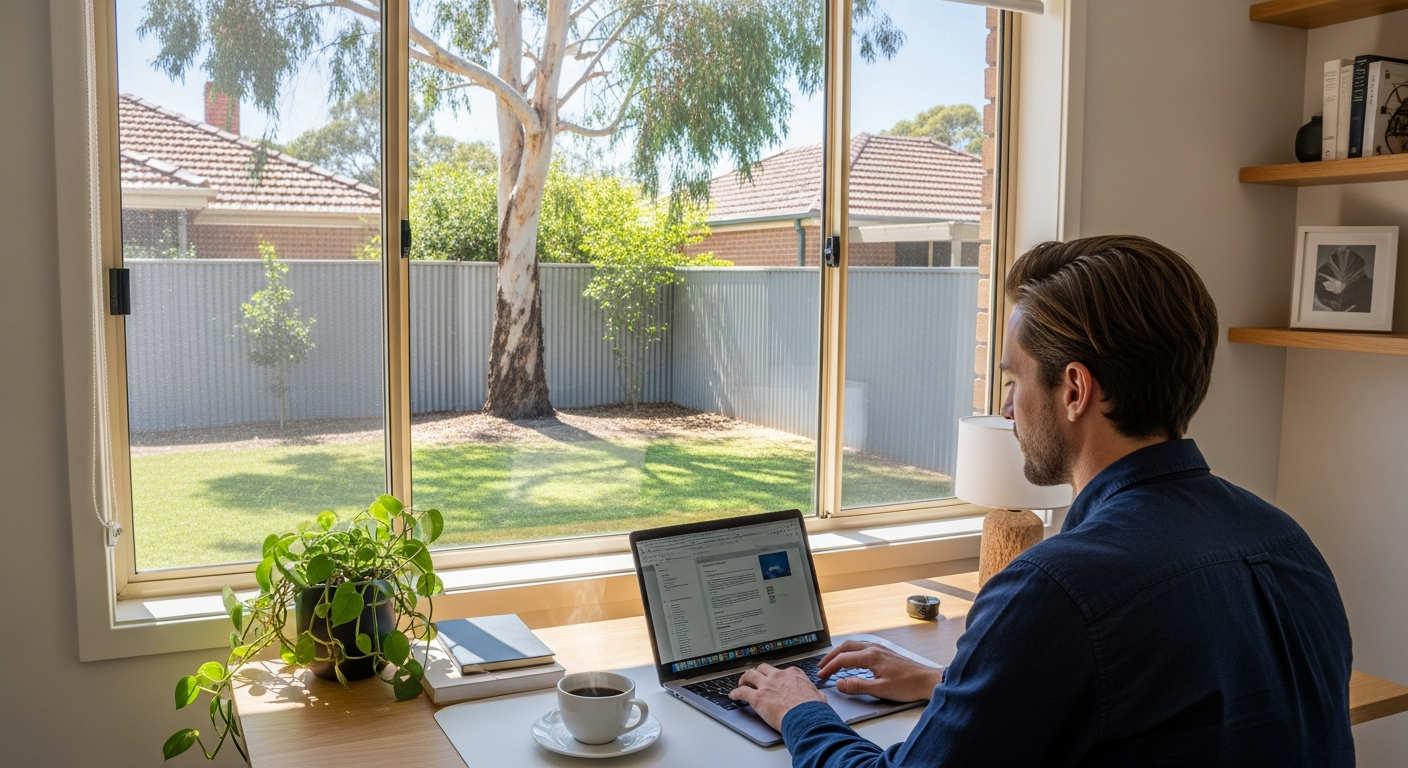 Australian remote worker home office with laptop and coffee