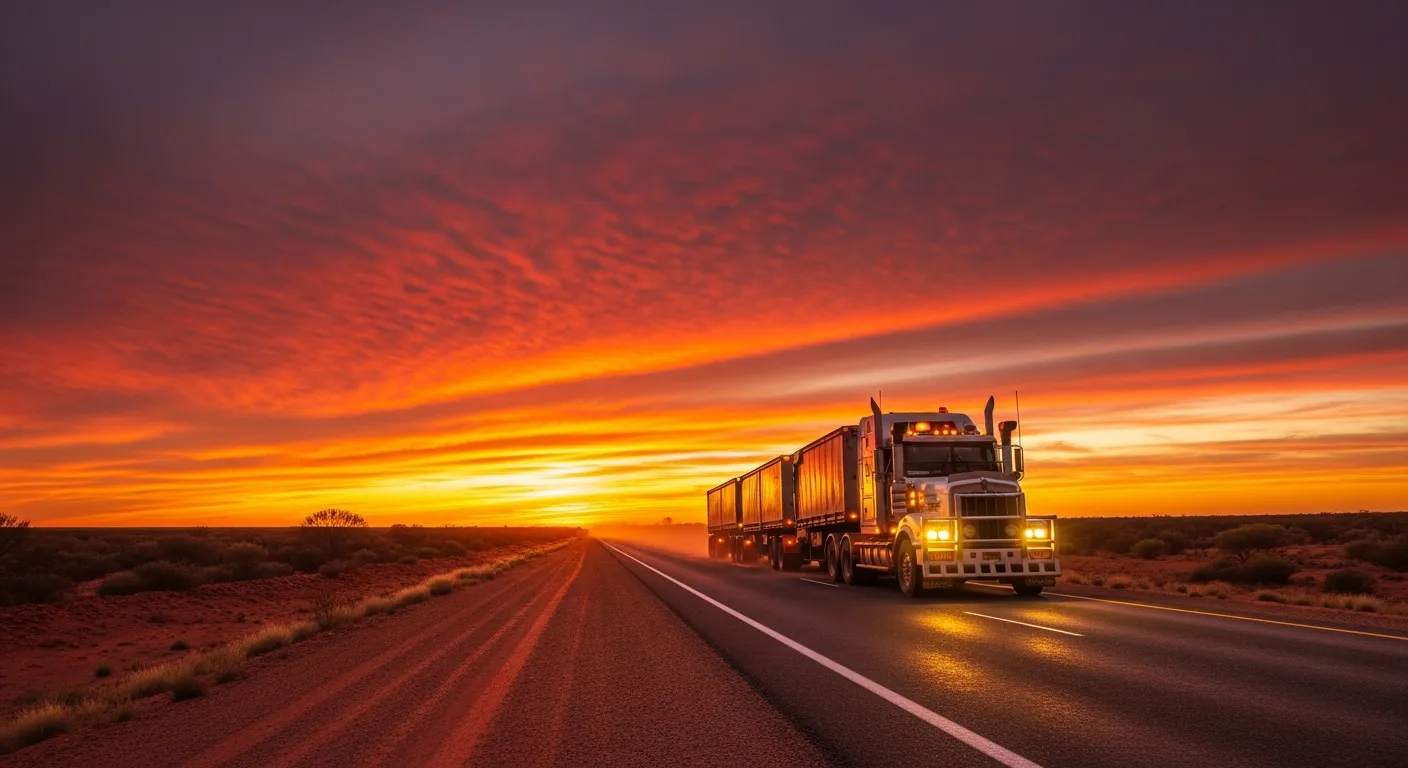 Australian road train truck driving on an outback highway at sunset