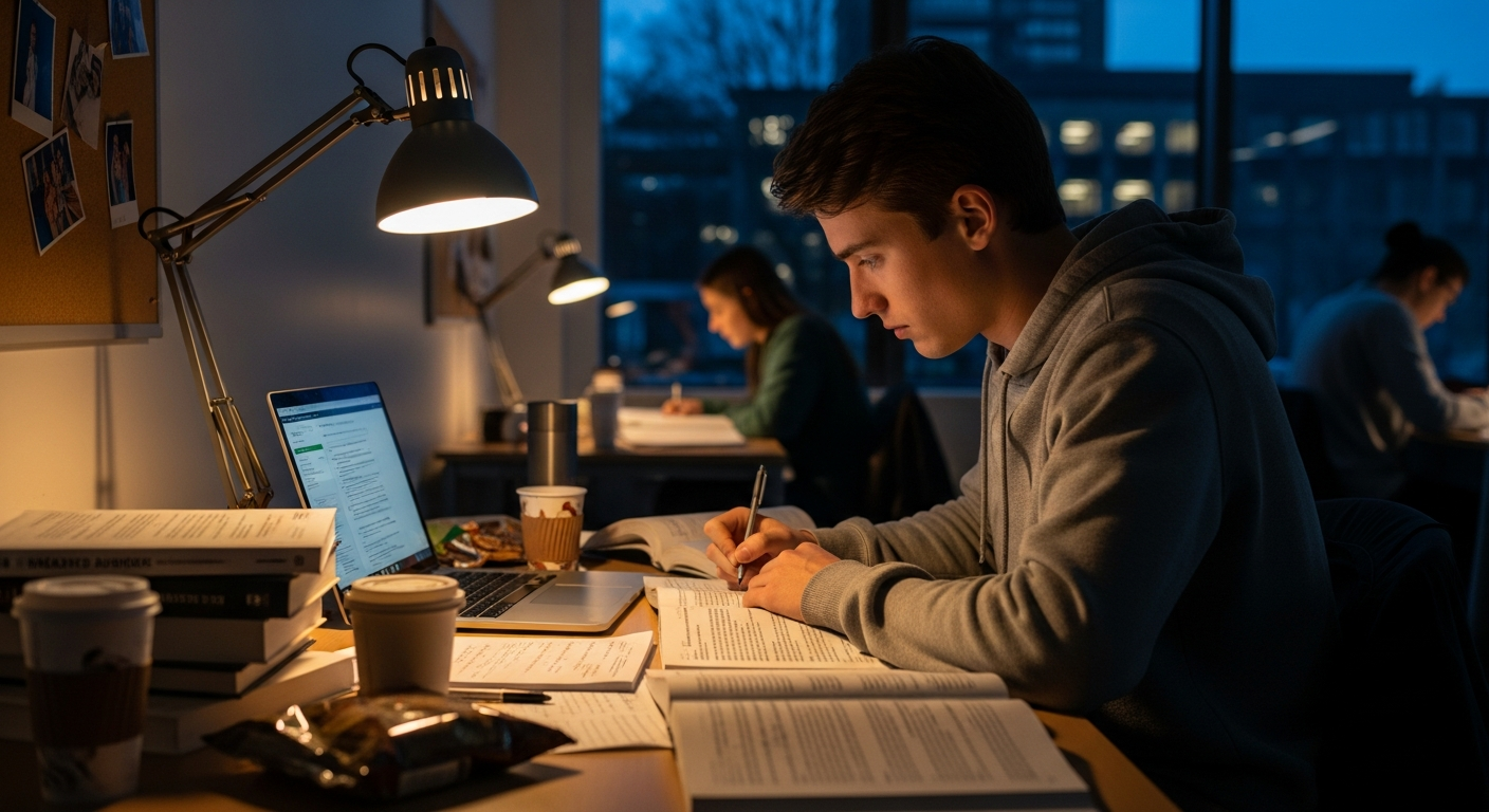 Australian university student studying late with textbooks and laptop