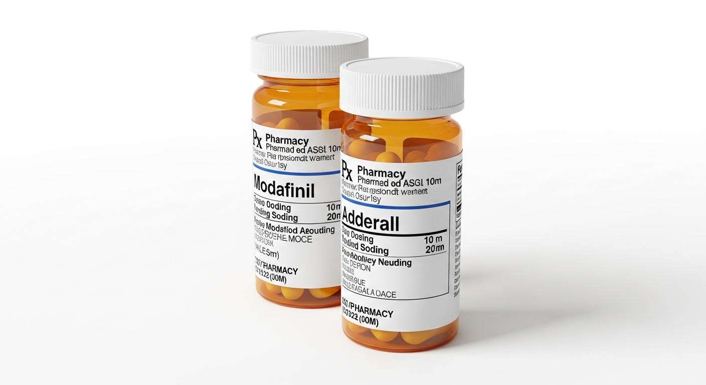 Modafinil and Adderall prescription bottles compared side by side