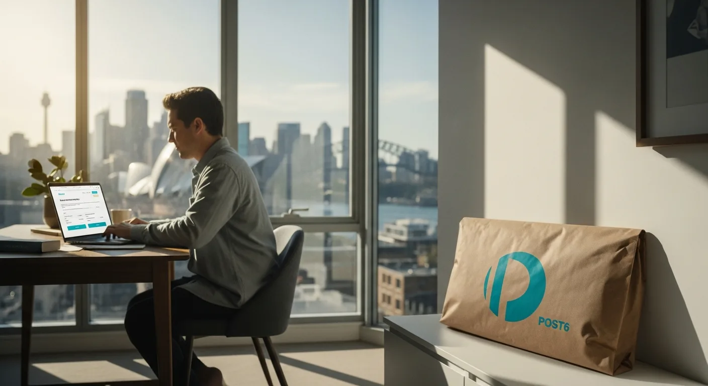 An Australian customer buying modafinil online from a sunlit Sydney apartment with discreet Australia Post delivery arriving