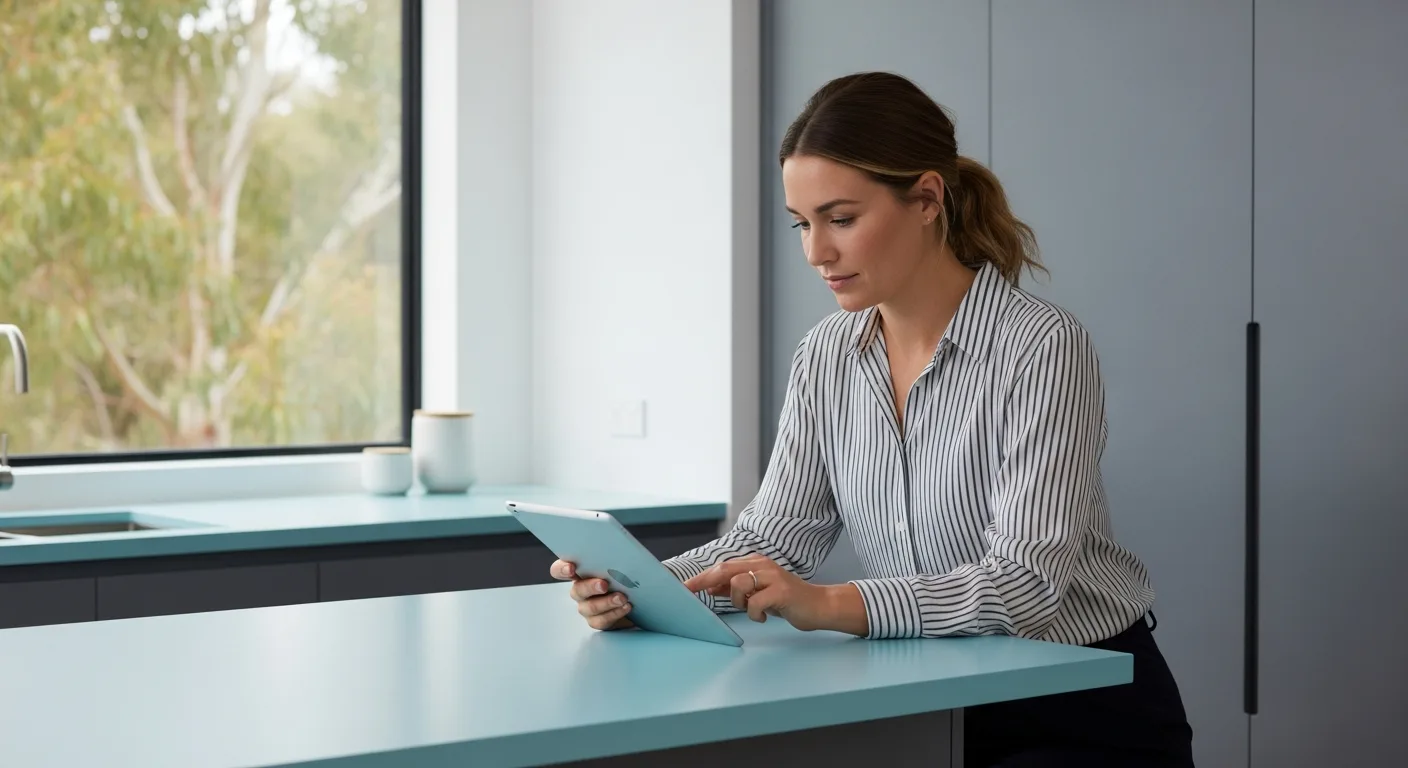 Australian professional reading a modafinil buyer's guide on a tablet at a sunlit kitchen counter