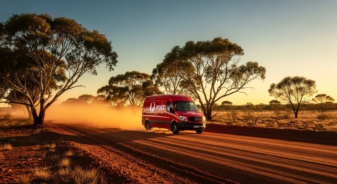 Australia Post style parcel van delivering modafinil through outback Australian landscape at golden hour